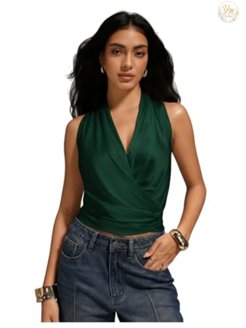 Satin Wrap Ruched Tie Side V Neck Sleeveless Blouse Tank Top